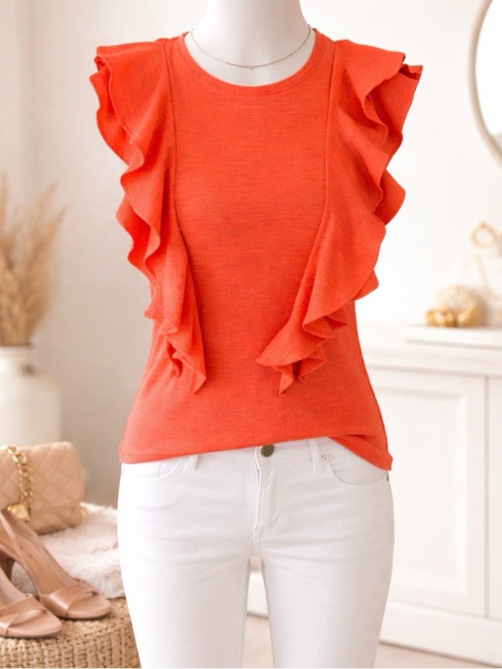 INC International Concepts Orange Ruffle Sleeve Blouse XS Textured Top Summer